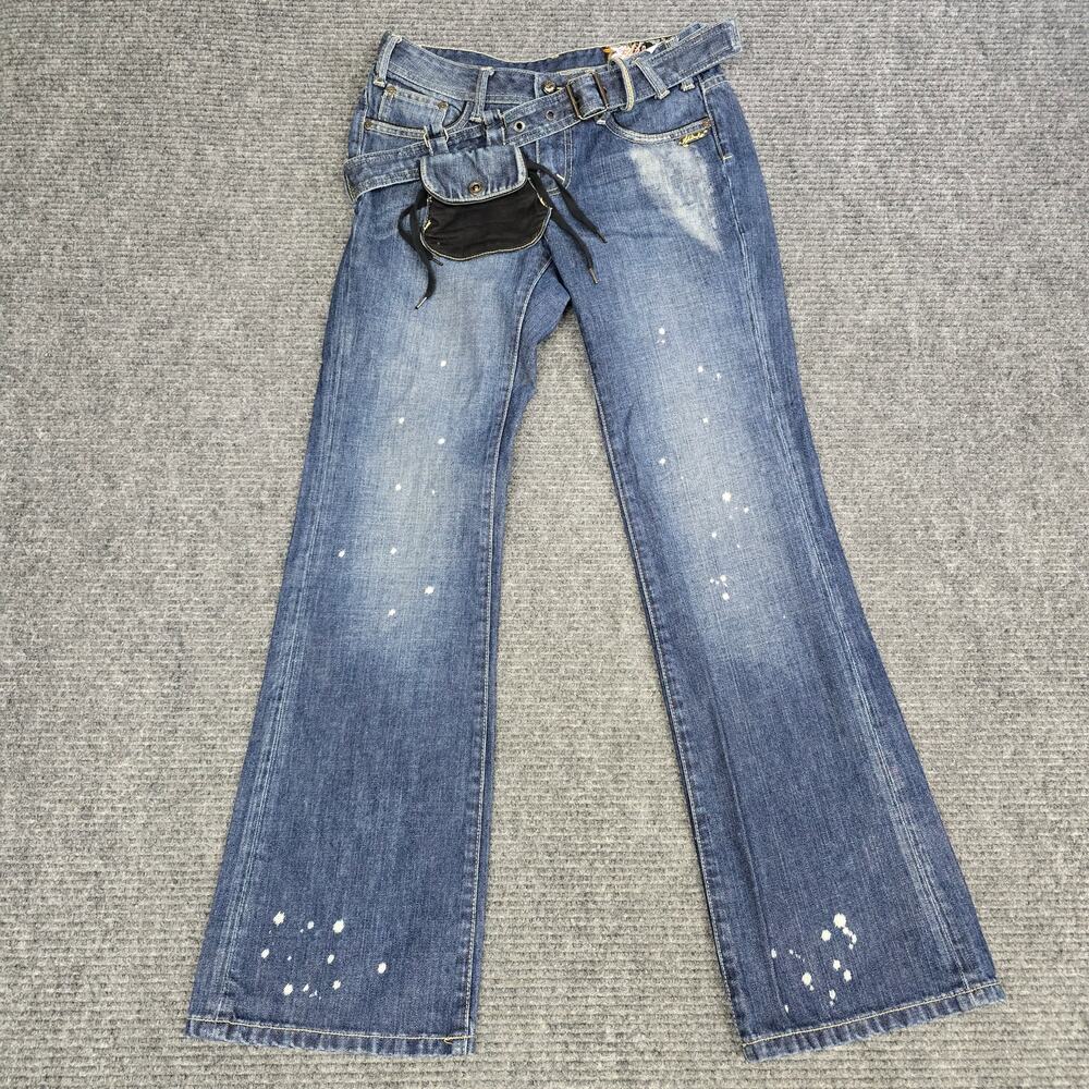Y2K Akademiks Velvet Products Utility Pouch Flare Jeans Paint Splatter 28x32